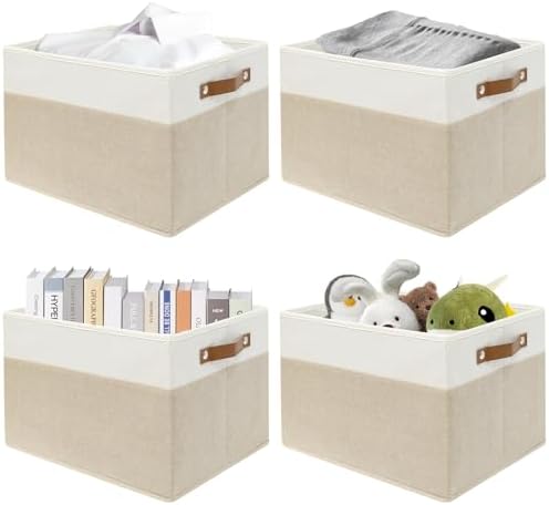 SNWDN 4 Pack Large Collapsible Fabric Storage Baskets with Handles (White/Beige 15''Lx13''Wx13''H) by Unknown