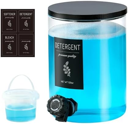 1 Glass Laundry Detergent Dispenser with Black Bamboo Lid - 120 Oz Liquid Detergent, Laundry Soap & Fabric Softener Dispenser for Laundry Room Organization and Storage with 1 Cups & 4 Labels by KitHero