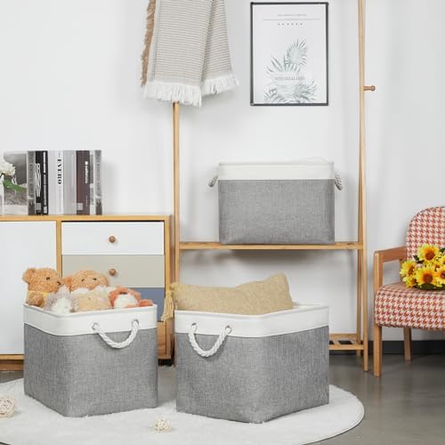 Bidtakay Large Storage Baskets for Organizing 3-Pack Fabric Closet Organizers Storage Bins with Handles 16x11.8x11.8 In Collapsible Baskets for Shelves Cloth Home Organization L-White&Grey - Image 3