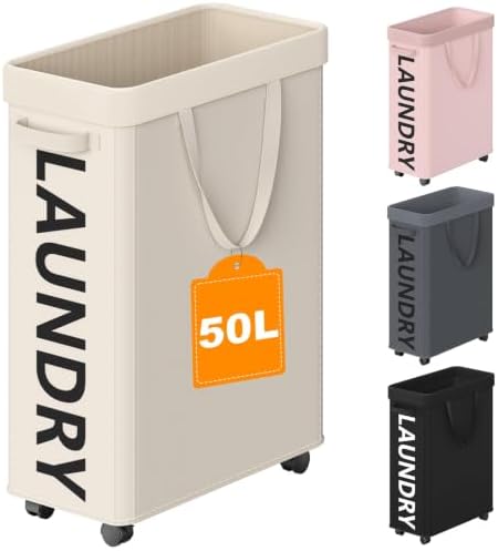 Optish 50L Slim Rolling Laundry Basket with Wheels & Removable Bag, White by Optish