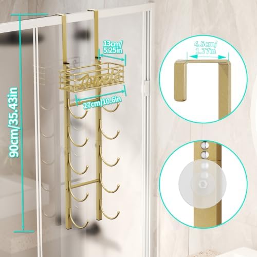 HapiRm Towel Racks for Bathroom Storage - 6 Tier Over The Door & Wall Mount Rolled Towel Storage Organizer Holder with Metal Shelf Basket for Small Bathroom, Camper, Rv - Gold, Patented - Image 2