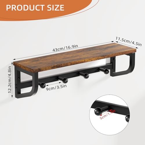 Coat Rack Wall Mount, Wood Wall Shelf with Hooks, Coat Hanger Wall Mount with 4 Metal Hooks, Wall Mounted Coat Rack Organizer for Entryway, Bedroom, Living Room, Room Decor, Brown 2 Pack - Image 3