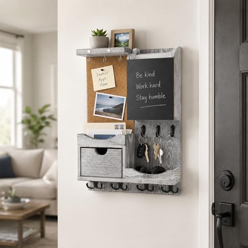 Key Holder Wall Mount with Drawer and Mail Organizer, Grey - Image 3