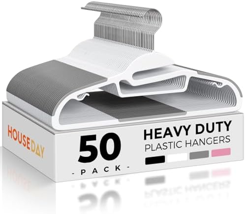 HOUSE DAY Slim Plastic Hangers with Non Slip Rubber Pads, 50 Pack, White | Space saving closet organizer, heavy duty S-shape, rubber grip pads help keep shirts, suits, coats, pants, skirts in place by HOUSEDAY