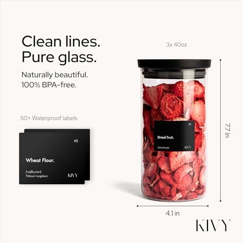 KIVY Airtight Glass Jars with transparent Lids & Labels 3x 40oz - Stackable - Image 2