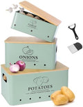 Kitchen Vegetable Storage Set of 3, Metal Onion Garlic Potato Storage Set, Kitchen Canisters Vegetable Keeper Containers with Aerating Holes and Bamboo Lid,Sage Green by Dekosilave