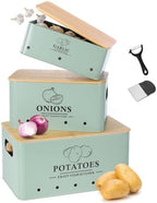 Kitchen Vegetable Storage Set of 3, Metal Onion Garlic Potato Storage Set, Kitchen Canisters Vegetable Keeper Containers with Aerating Holes and Bamboo Lid,Sage Green by Dekosilave