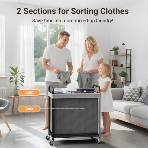 ELYKEN Laundry Hamper 2 Section, 100L Rolling Laundry Sorter with Wheels - Image 6