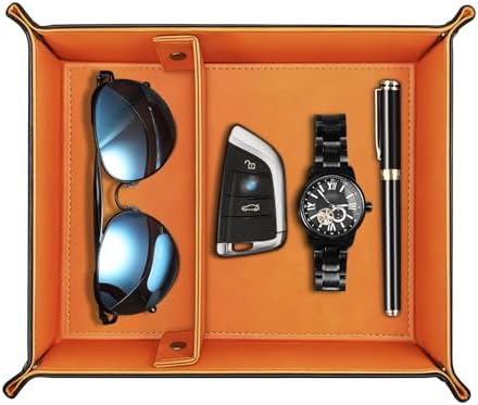 SITHON Valet Tray Desktop Storage Organizer, Removable 2 Compartments Catchall Tray Bedside Vanity Nightstand Caddy Holder Desk Storage Plate, Orange by SITHON