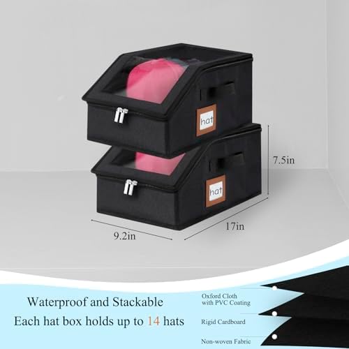 4 Pack Hat Storage for Baseball Caps-Holds Up to 56 Caps, Hat Organizer for Closet Stackable Hat Box with Cardboard, Dust-proof Beanie organizer with 2 Handles for Home Travel (Black, 4Pack-Small) - Image 2