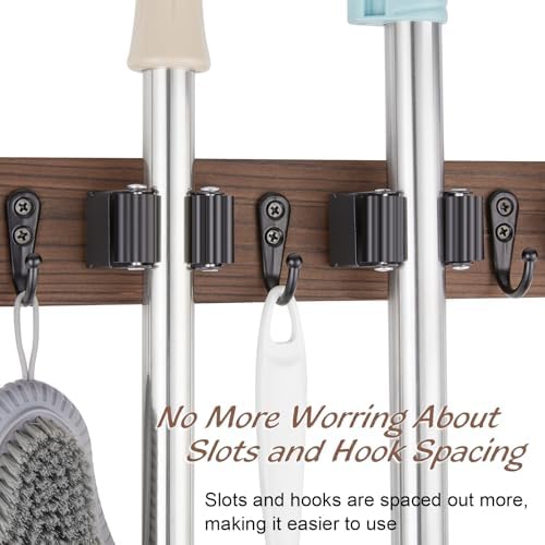 OUTNILI Mop and Broom Holder Wall Mount - Wood Broom Mop Hanger - Wall Mounted Garden Tool Rack Organizer for Closet Garage Laundry Room for Rustic Kitchen Decor With 5 Slots & 4 Hooks - Image 5