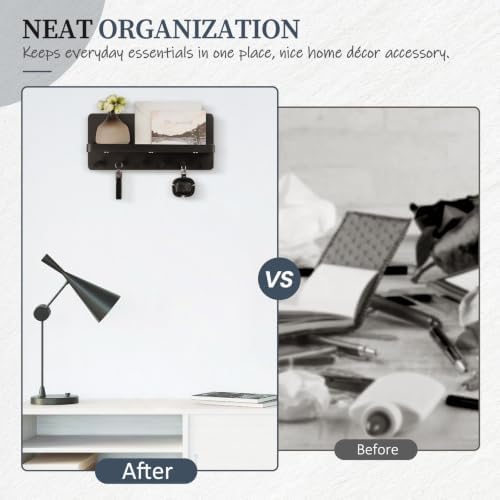 Nekon Key Holder for Wall with Shelf, Pine Wooden Key Hanger, Black - Image 7