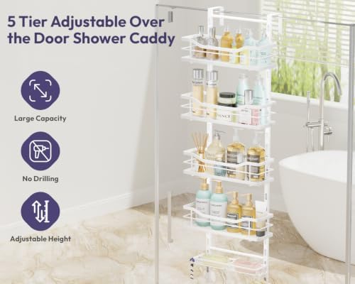 SWTYMIKI Over the Door Shower Caddy - 5 Tier Adjustable Shower Organizer Hanging with Soap Holder, No Drilling Stainless Steel Bathroom Rack Hanging for Body Wash, Shampoo, Soap, Razor, White - Image 5
