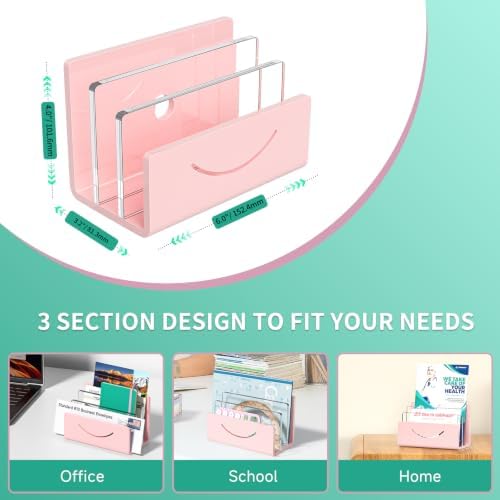 Mail Organizer Envelope Holder - 3 Compartments Pink Acrylic Mail Holder Countertop Home Office Desk Organizer Small File Sorter Vertical Bill Letter Paper Document Storage Rack - Image 5