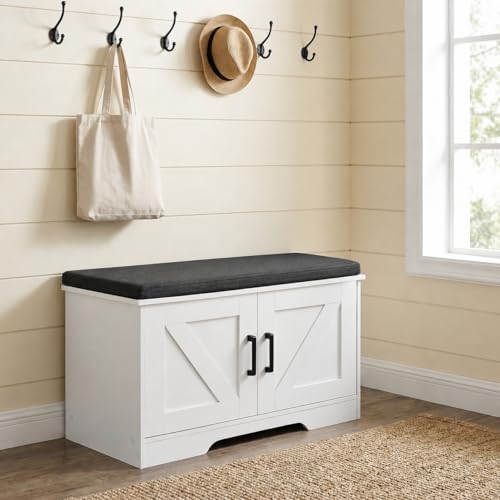 HOMSHO Farmhouse Shoe Storage Bench with 2 Barn Doors & Padded Seat Cushion - Image 4