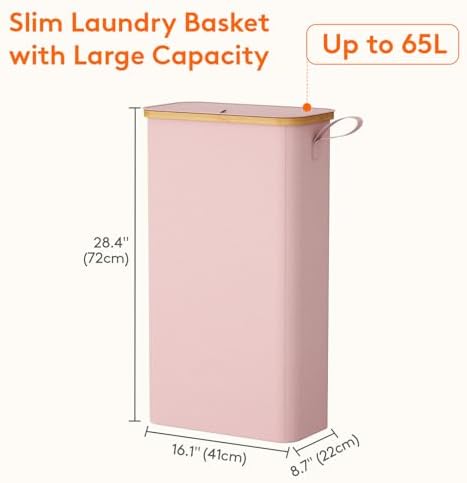 Lifewit 65L Slim Laundry Hamper with Lid and Removable Bag, Pink - Image 3