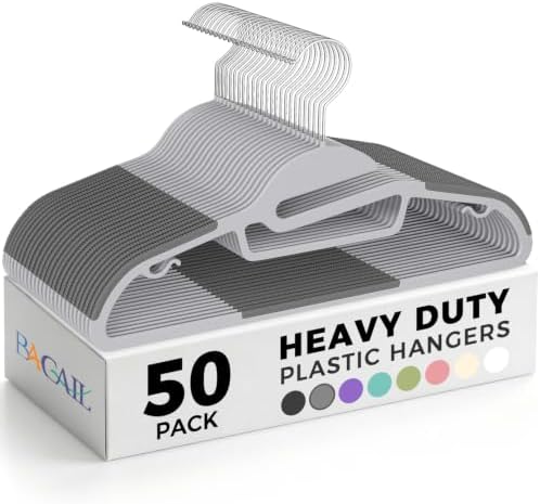 BAGAIL Plastic Hangers 50 Pack with Non-Slip Design,0.2 Inches Thick, 360°Swivel Hook Space Saving Organizer for Bedroom Closet,Shirts,Pants(Grey- S Shaped) by BAGAIL