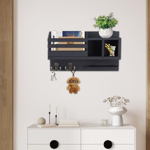 Key and Mail Holder Wall Mount, Wooden Entryway Organizer with 2 Hooks & Shelf, Compact Key Rack for Wall with Mail Organizer & Sunglasses Bar, Black Finish for Mudroom Hallway Decor - Image 3