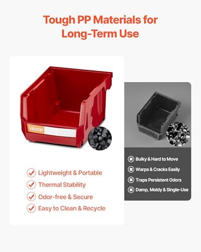 VEVOR Wall Mounted Storage Bins, 12 Plastic Bins & 3 Metal Rails, Plastic Hanging Stackable Storage Bin for Screws, Nuts, Bolts, Nails, Hardware Tool Organizer for Workshop, Craft Room, Garage, Red - Image 3