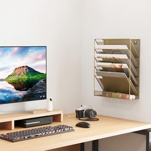 EasyPAG 5 Tier Wall File Holder, Mesh Hanging Folder Organizer with Classify Label, Versatile Desk File Holder, Vertical Wall Mounted Mail Organizer for Office Home Cubicle, Gold - Image 6
