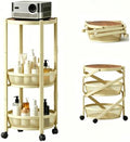 3-Tier Foldable Rolling Cart, Collapsible Metal Utility Cart with Wheels, Assembly-Free, Round Storage Organizer Trolley for Kitchen, Bathroom, Dorm, Nursery-Light Yellow by NOEMOCY