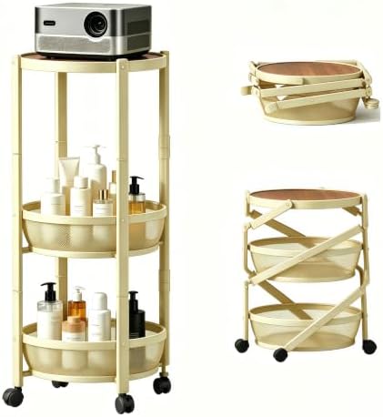 3-Tier Foldable Rolling Cart, Collapsible Metal Utility Cart with Wheels, Assembly-Free, Round Storage Organizer Trolley for Kitchen, Bathroom, Dorm, Nursery-Light Yellow by NOEMOCY