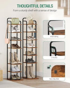 Hzuaneri 8 Tiers Vertical Shoe Rack, Narrow Shoe Tower, Tall Shoes Shelf with 2 Hooks, Adjustable Shelves, Corner Shoes Shelves for Small Spaces, Entryway, Living Room, Rustic Brown SR04301B - Image 3