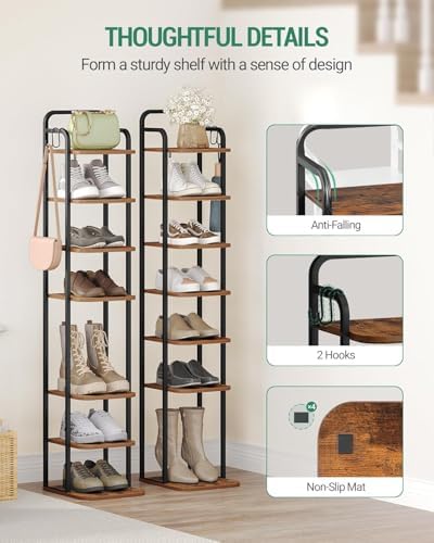 Hzuaneri 8 Tiers Vertical Shoe Rack, Narrow Shoe Tower, Tall Shoes Shelf with 2 Hooks, Adjustable Shelves, Corner Shoes Shelves for Small Spaces, Entryway, Living Room, Rustic Brown SR04301B - Image 3