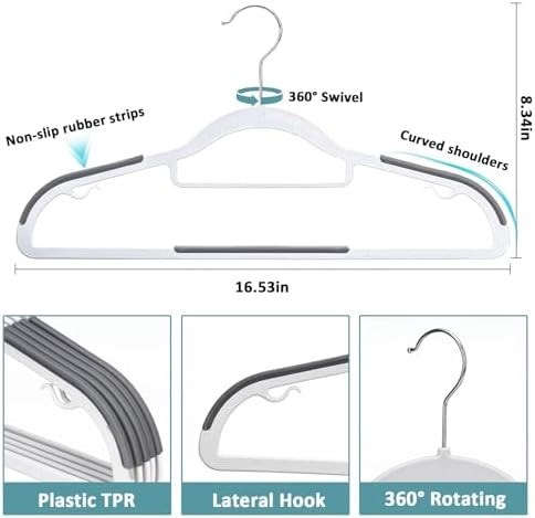 Tonswachic 50-Pack Coat Hangers, Space Saving Plastic Clothes Hangers, Non-Slip, 0.2 Inches Slim, 16.53 Inches Wide, 360° Swivel Silver Hook for Shirts, Pants & Wet/Dry Garments, White and Dark Gray - Image 2