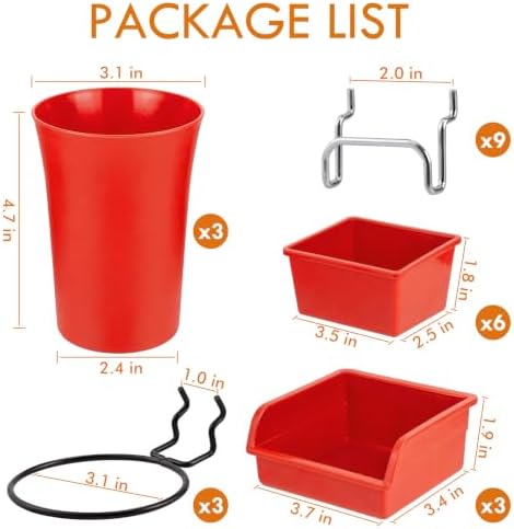 Pegboard Bins Cups with Hooks & Loops 12 Pack Peg Board Organizer (Red) - Image 2