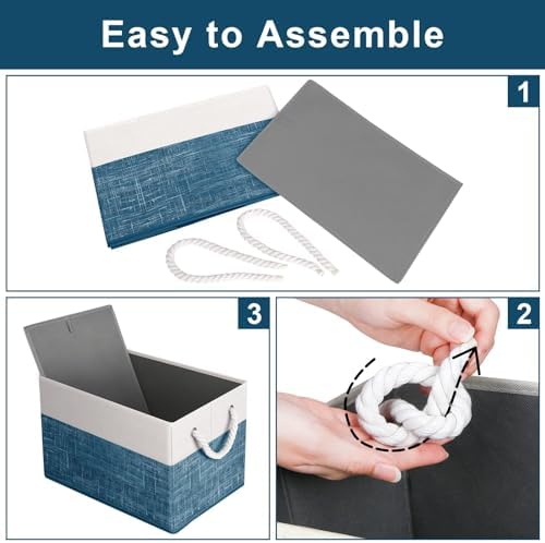 Fab totes Storage Bins 3-Pack, Foldable Storage Baskets for Organizing Toys, Books, Shelves, Closet, Large Storage Box with Rope Handles, Sturdy Organizer Bins, White & Blue - Image 4