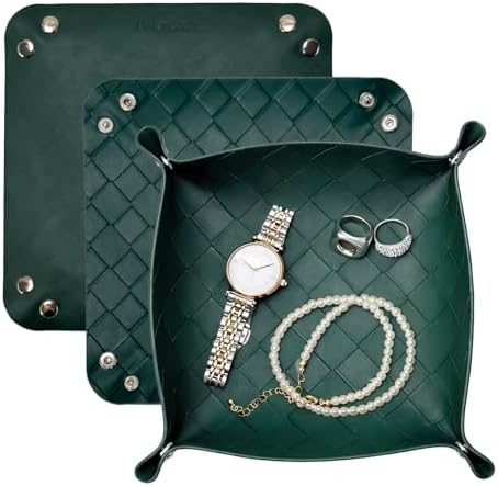 UnionBasic Small Valet Tray, Jewelry Tray for Rings Watches Earrings, Entryway Catchall Caddy for Coins Keys Change, Nightstand Bedside Valet Holder, Trays for Electronic Gadgets, Woven Vintage Green by UnionBasic