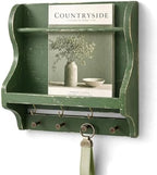 Pine Wood Mail Organizer Wall Mount with 7 Key Hooks for Room Decor, Green by REBEEVISION