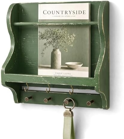 Pine Wood Mail Organizer Wall Mount with 7 Key Hooks for Room Decor, Green by REBEEVISION