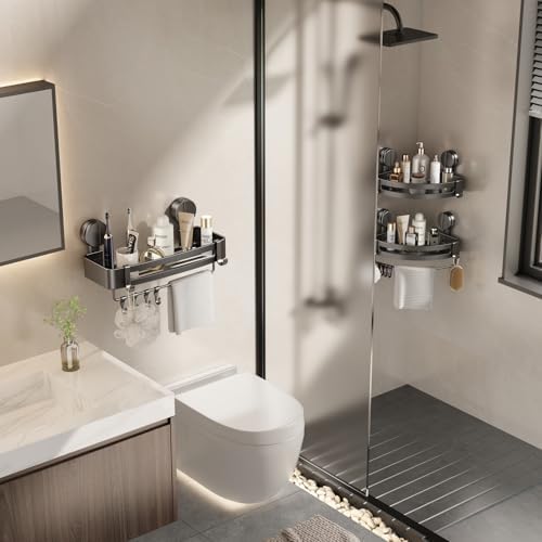 VOLPONE Shower Caddy Suction Cup, 1 Pack Corner Shower Shelves No Drilling, Showers Organizer Storage with Towel Bar & Removable Hooks, Bathroom Shower Shelf Rack for Inside Showers - Image 3