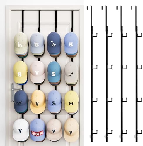 SWTYMIKI Over Door Hat Rack - 4 Packs Metal Hanging Hat Organizer with 16 Hooks Design, Baseball Cap Hanger Organizer Storage Holds up to 80 Caps for Door, Bedroom, Closet by SwtyMiki-TidyHomeSweetLife