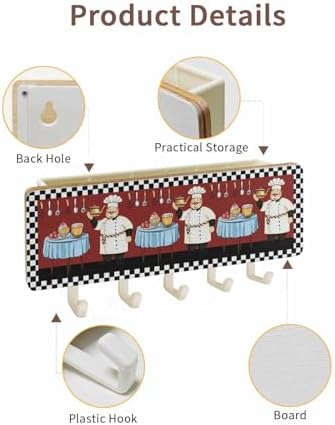Red Chef Key Holder Wall Mount, Black White Check White Hanging Mail Organizer with 5 Key Hooks Wall Decorative, Adhesive Key Rack with Shelf for Hallway Kitchen Farmhouse Entryway Decor - Image 2