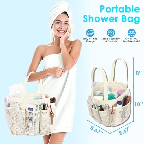 Fammart Mesh Shower Caddy Portable for College Dorm Room Essentials, Odorless Polyester Large Shower Tote Bag with Dual Handles, 8-Pocket Quick-Dry Toiletry Organizer for Travel, Beach, Camping, Gym - Image 2