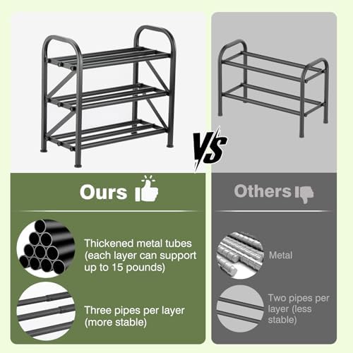 3 Tier Expandable Shoe Rack for Closet, Adjustable Small Shoe Organizer Storage, Heavy Metal Free Standing Narrow Shoe Racks for Entryway, Garage, Doorway Black 16"-33" - Image 6