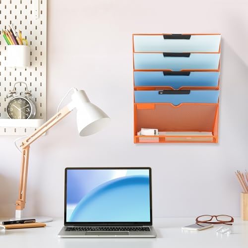 EASEPRES 6 Tier Mesh Hanging Wall File Organizer, Desk Vertical Mail Paper Document Folder Holder Rack with Bottom Tray and Nametag Label for Office Home School, Orange - Image 6