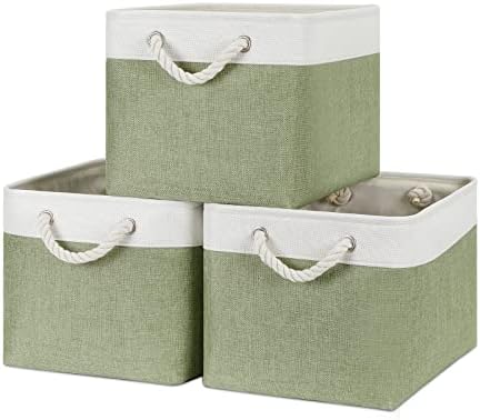 Bidtakay Large Fabric Baskets for Organizing [3-pack] Closet Organizers and Storage Baskets for Gifts Empty Foldable Nursery Baskets for Toy Storage 15 X 11 X 9.5 Inches (White&green) by BidtakayBaskets