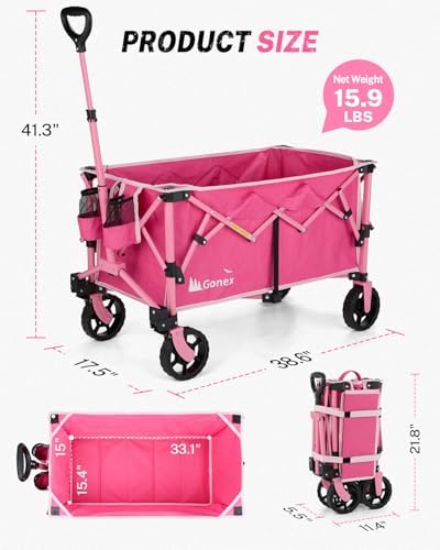 Gonex 38" L Collapsible Wagon Cart Foldable, 220L Folding Utility Cart Pink - Image 2