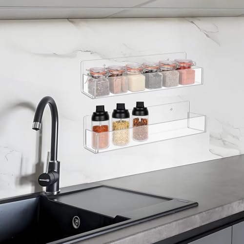 Acrylic Spice Rack Wall Mount-12 Inch, Clear Spice Shelf Storage Holder, 4 Pack Hanging Seasoning Rack Organizer for Cabinet Door, Cupboard or Wall Kitchen (Adhesive or Screw) - Image 4