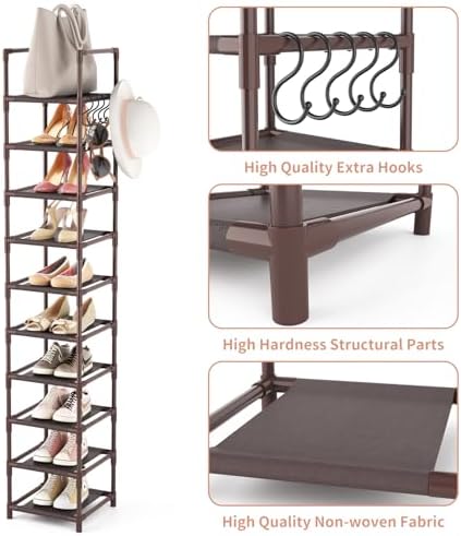 LANTEFUL Tall Shoe Rack 10-Tier Narrow Shoe Shelf Storage for 10-15 Pairs Shoe and Boot, Sturdy Shoe Storage Space Saving Corner Shoe Rack Organizer for Closet, Entryway, Living Room, Brown - Image 4