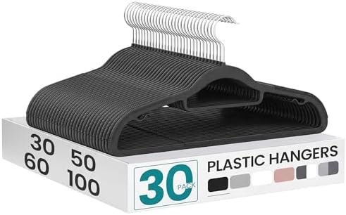 SONGMICS Pack of 30 Coat Hangers, Space-Saving Plastic Clothes Hangers | Non-Slip, 0.2 Inches Slim, 16.5 Inches Wide, 360° Swivel Silver Hook, Black and Gray, UCRP20BK30 by Unknown