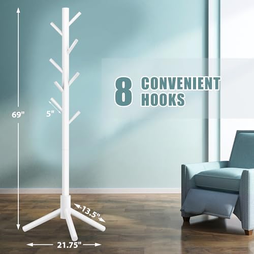 Haddockway Wooden Coat Rack Stand with 8 Hooks New Zealand Pine 3 Adjustable Coat Standing Tree Easy Assembly for Coats, Hats, Scarves and Handbags for Entryway, Hallway, Bedroom, Office, white - Image 2