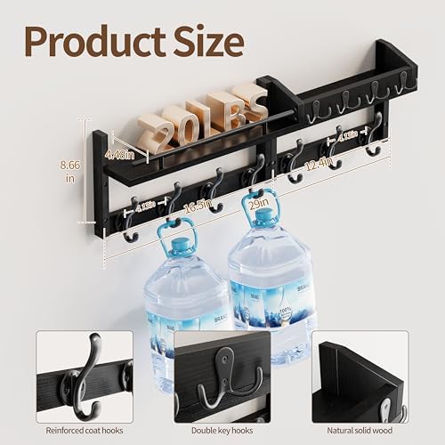 29 inch Coat Rack Wall Mount with Shelf, Heavy Duty Coat Hooks Wall Mount, Entryway Coat Hanger Wall Shelf with Key Holders and Mail Organizer for Living Room, Bedroom, Bathroom, Black - Image 5