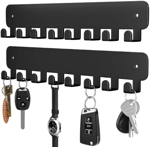 pickpiff Key Holder Wall Mount, Adhesive Key Rack with 8 Hooks Hanger for Car Key Ring, Metal Key Chain Organizer, Black 2 Pack by pickpiff