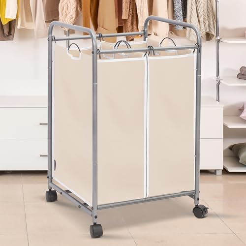 STORAGE MANIAC Laundry Sorter 2 Section, 90 L Gal Laundry Hamper with Wheels, Clothes Basket Separator Sorter, 2 Bag Cart and Removable Bags for Closet, Dorm, Collage, Beige - Image 2