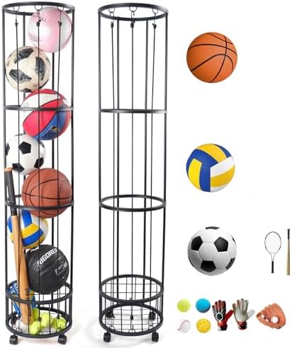 Upgrated 4-Layer Ball Storage Rack with Small Bottom Ball Holder, 3 Adjustable Elastic Cords Sports Equipment Organizer, Wall-Mounted Basketball Rack for Indoor,Outdoor,Home,Garage by Unknown